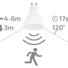 Żarówka z czujnikiem ruchu wykrywa ruch w zasięgu 4-6m i wysokości 3m, działa przez 17s w kącie 120°.