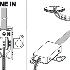 Schemat podłączenia lampy led 3 kable: przewód zasilający do zacisków L, N i symbolu uziemienia.