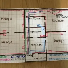 Schemat instalacji elektrycznej mieszkania. Widać rozmieszczenie gniazd i punktów świetlnych, co pozwala ocenić, ile lamp na jednym obwodzie można podłączyć.