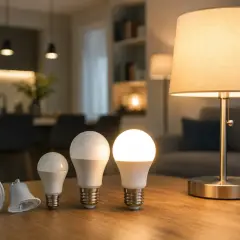 Różne żarówki LED, w tym jedna o mocy 400 lumenów, leżą na drewnianym stole obok zapalonej lampy.
