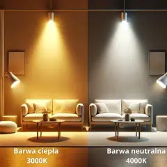 Porównanie oświetlenia: ciepła barwa 3000K tworzy przytulną atmosferę, a neutralna barwa 4000K rozjaśnia wnętrze.