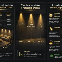 Wykres pokazuje zależność natężenia światła od wysokości montażu opraw. Im wyżej, tym mniejsze natężenie światła.