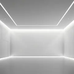 Nowoczesny, minimalistyczny pokój z ukrytym montażem oświetlenia LED, tworzącym efektowną grę światła i cienia.