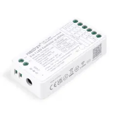 Biały kontroler MiBoxer do sterowania oświetleniem RGB, RGBW i RGB+CCT. Urządzenie posiada złącza wejściowe i wyjściowe oraz przycisk SET.