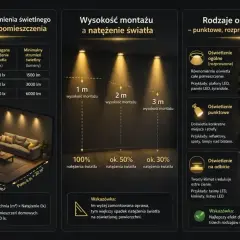 Wykres porównuje moc i jednostkę strumienia świetlnego dla różnych powierzchni, wysokość montażu lamp i rodzaje oświetlenia.