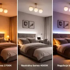 Sypialnia z różnymi odcieniami światła: ciepłym 2700K, neutralnym 4000K i kolorowym CCT. Jaki kolor LED do spania wybierzesz?