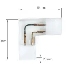 Złącze narożne do taśmy LED, umożliwiające łatwe łączenie taśmy led pod kątem 90 stopni. Wymiary 45x45x20 mm.