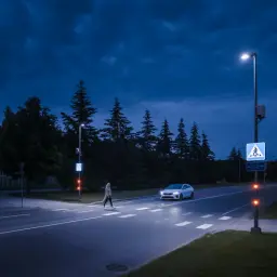 Nocny przejazd przez skrzyżowanie z dobrze oświetlonym przejściem dla pieszych, pokazujący klasy oświetlenia dróg. Samochód zbliża się do pieszego.