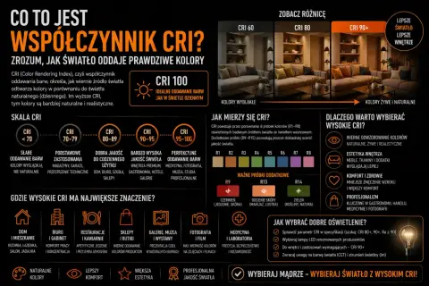 Skala CRI 80-89 oznacza dobrą jakość światła do codziennego użytku, idealną do domów, biur i sklepów, zapewniając naturalne kolory.