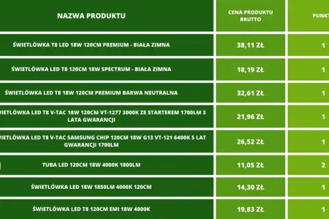 Tabela z produktami: świetlówki LED T8 120cm, ceny i punkty. Czy świetlówki LED pasują do zwykłych opraw? Sprawdź!
