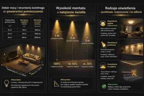 Wykres pokazuje zależność natężenia światła od wysokości montażu opraw. Im wyżej, tym mniejsze natężenie światła.