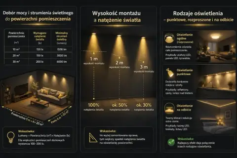 Wykres porównuje moc i jednostkę strumienia świetlnego dla różnych powierzchni, wysokość montażu lamp i rodzaje oświetlenia.