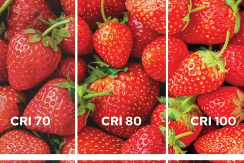Trzy panele z soczystymi truskawkami, pokazujące różnice w odwzorowaniu barw przy CRI 70, 80 i 100.
