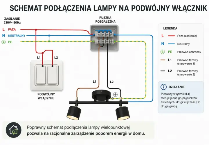 Schemat podłączenia lampy na podwójny włącznik. Pokazuje, jak podłączyć lampę, rozdzielając zasilanie na dwa obwody sterowane osobnymi przyciskami.