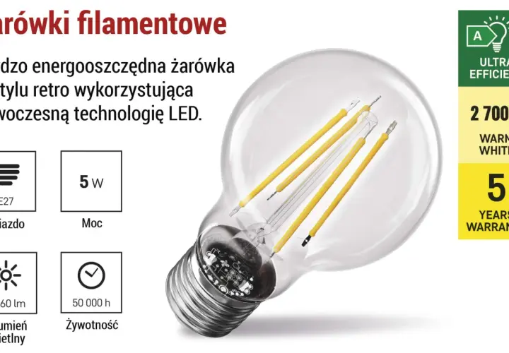 Energooszczędna żarówka filamentowa LED w stylu retro, model A60. Ma gwint E27, moc 5W, strumień świetlny 1060 lm i żywotność 50 000 h.