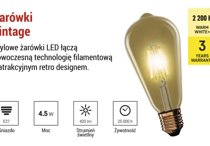 Stylowa żarówka vintage z technologią filamentową. Dowiedz się, filament co to – to nowoczesne rozwiązanie w retro stylu. 4.5W, 420 lm, 25 000 h.