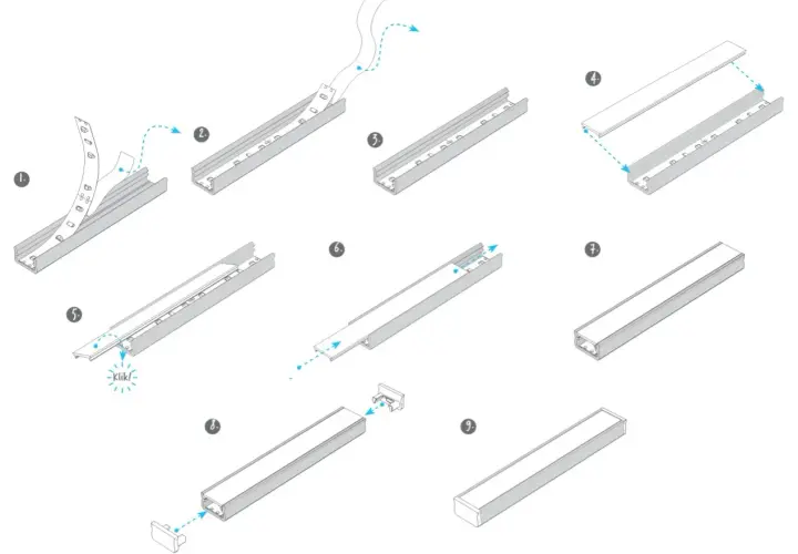 Instrukcja montażu taśmy LED w listwie aluminiowej. Krok po kroku pokazano, jak umieścić taśmę, zamknąć profil i zamontować zaślepki.