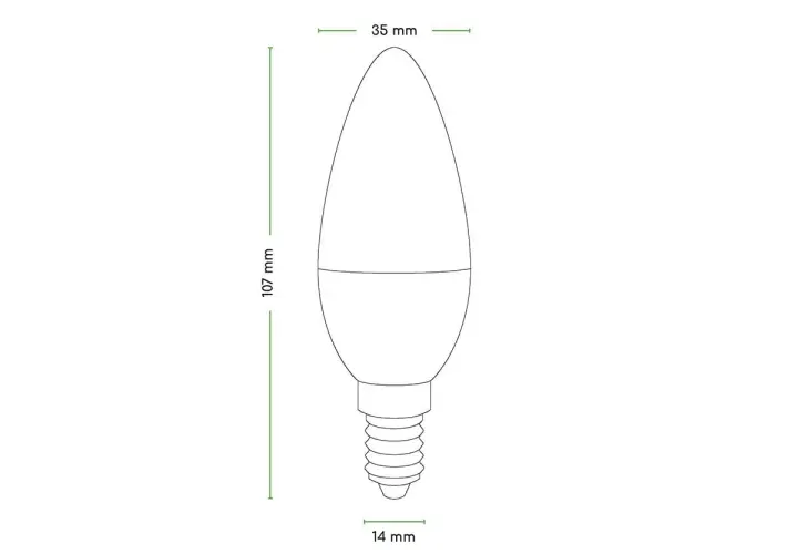 Schematyczna żarówka typu świeca z wymiarami: 107 mm wysokości, 35 mm szerokości, 14 mm gwint.