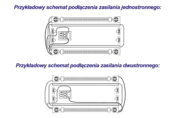 Schemat podłączenia zasilania jednostronnego i dwustronnego świetlówki.