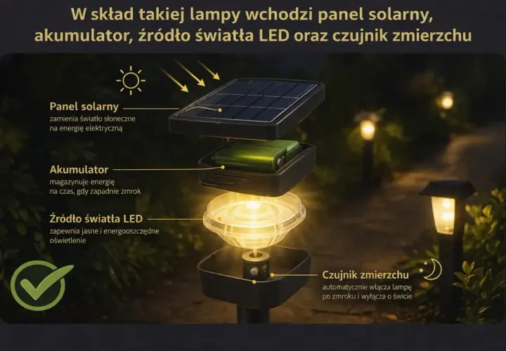Budowa lampy solarnej: panel, akumulator, LED i czujnik zmierzchu. Czy lampy solarne świecą zimą? Tak, dzięki akumulatorowi.