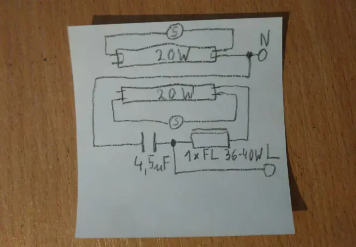 Schemat podłączenia dwóch świetlówek LED 20W z kondensatorem 4,5µF i dławikiem 1xFL 36-40W.