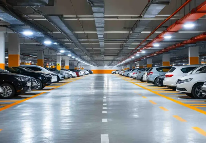Rzędy samochodów na parkingu podziemnym, oświetlone jasnym, nowoczesnym oświetleniem.