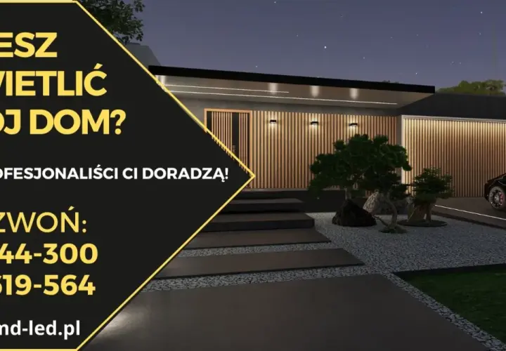 Nowoczesne oświetlenie elewacji domu parterowego podkreśla jego architekturę. Profesjonalne doradztwo w zakresie oświetlenia.