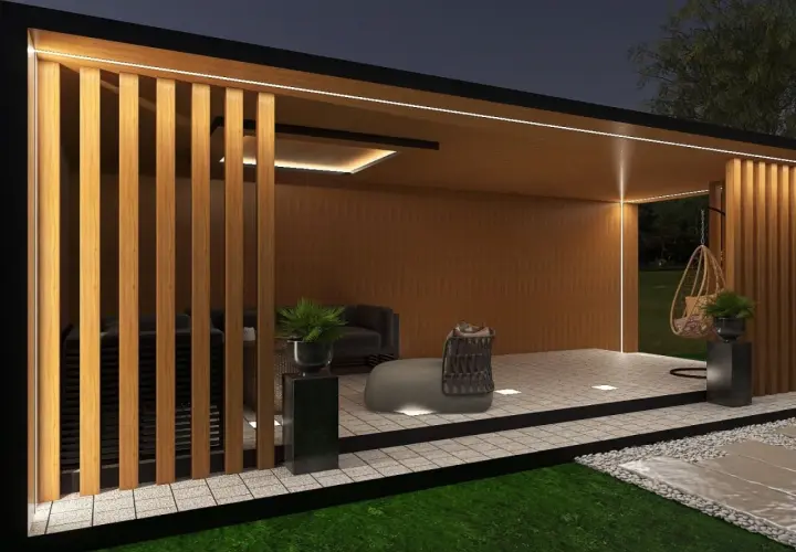 Nowoczesna altana z oświetleniem LED, idealna jako lampa do oświetlenia podwórka. Wygodne meble i huśtawka zapraszają do relaksu.