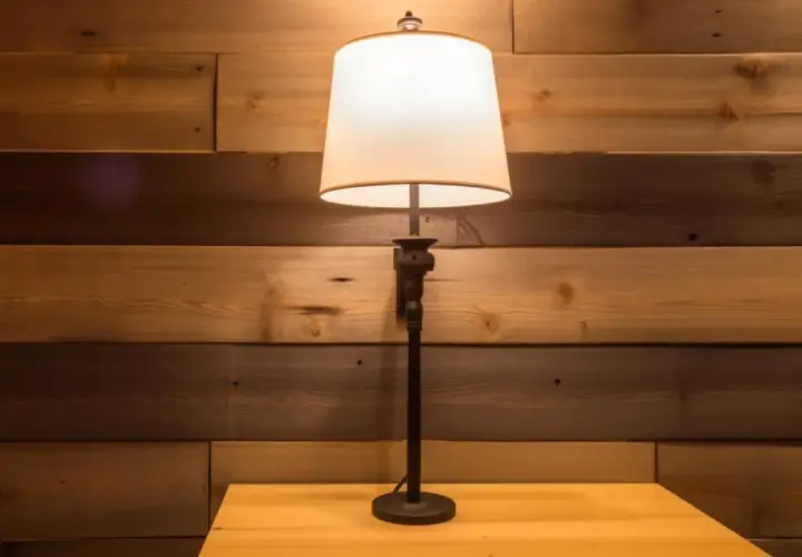 Stojąca lampa z abażurem na drewnianym stoliku, tło z desek. Potrzebna naprawa lamp stojących?