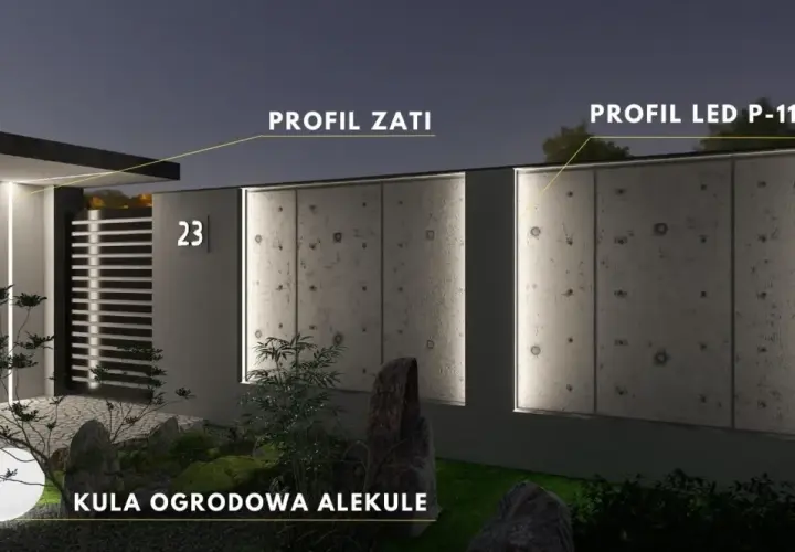 Nowoczesne oświetlenie ogrodzenia z profilami LED i kulą ogrodową tworzy nastrojową atmosferę.