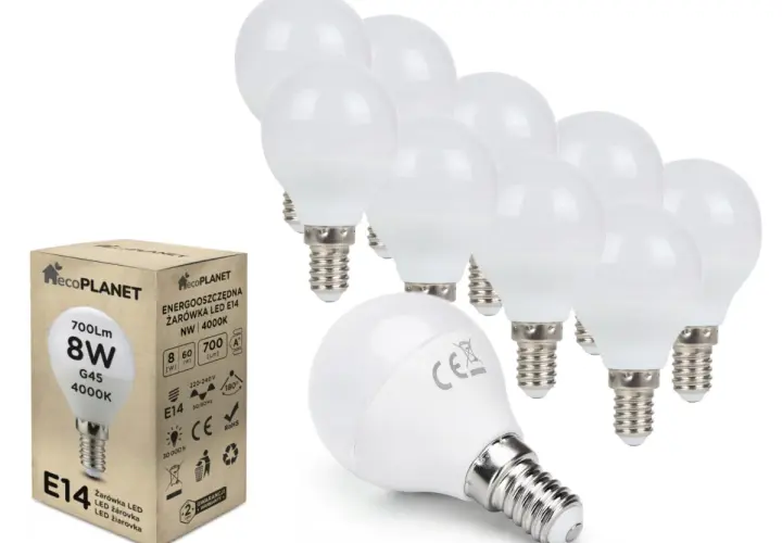 Żarówka G45 to mała, kulista żarówka LED o gwincie E14, idealna do lamp dekoracyjnych. Ten zestaw zawiera 10 sztuk.