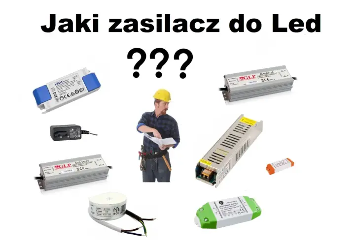 Jaki zasilacz do taśmy led 5m? Różne modele zasilaczy LED, od małych kostek po większe, metalowe obudowy, obok budowlańca z planami.