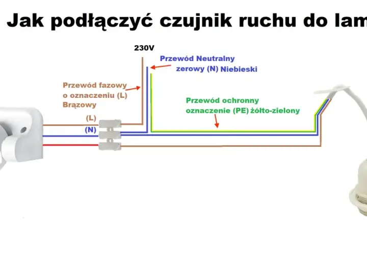 Schemat jak przerobić lampę z czujnikiem ruchu: podłączanie przewodów fazowego (brązowy), neutralnego (niebieski) i ochronnego (żółto-zielony) do oprawki.