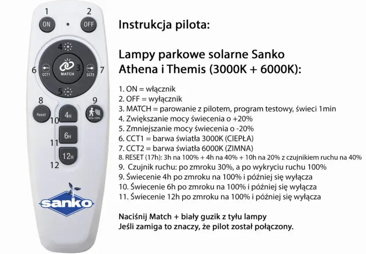 Pilot do lamp solarnych Sanko. Użyj przycisku "MATCH" do pierwszego uruchomienia lampy solarnej i parowania.