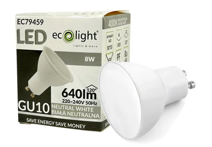 Biała żarówka LED GU10 8W 640lm, 4000K Neutral White. Alternatywa dla tradycyjnych rodzajów żarówek halogenowych, energooszczędna.