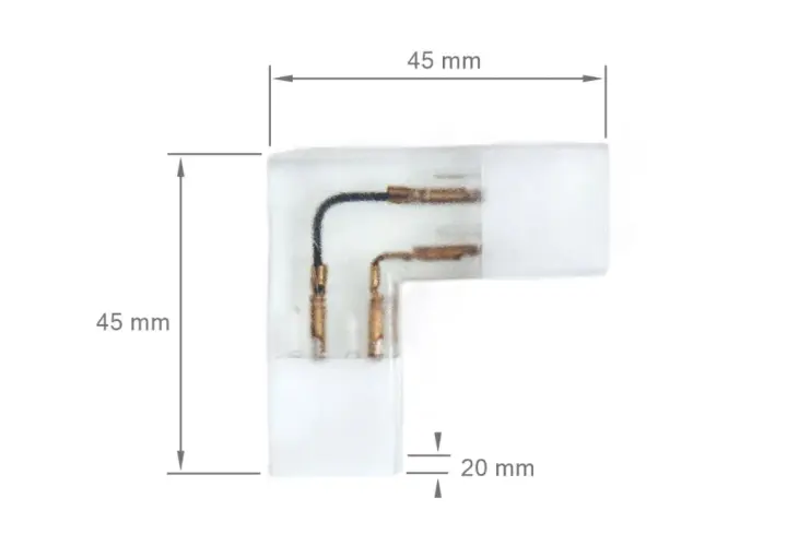 Złącze narożne do taśmy LED, umożliwiające łatwe łączenie taśmy led pod kątem 90 stopni. Wymiary 45x45x20 mm.