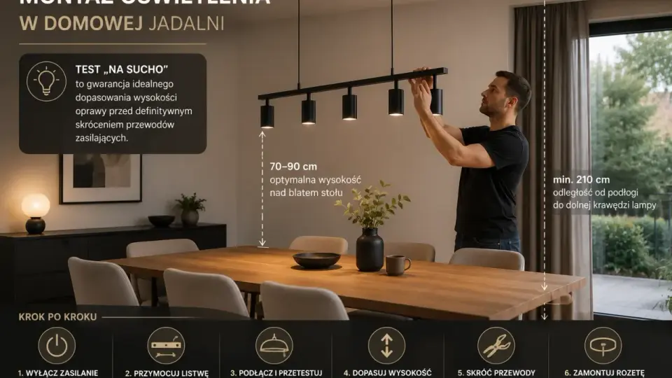 Montaż lampy nad stołem w jadalni. Mężczyzna reguluje wysokość nowoczesnych lamp wiszących, by uzyskać idealne aranżacje oświetlenia.