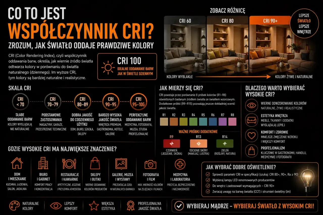 Skala CRI 80-89 oznacza dobrą jakość światła do codziennego użytku, idealną do domów, biur i sklepów, zapewniając naturalne kolory.