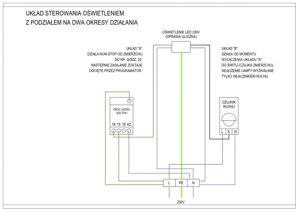 Schemat podłączenia czujnika ruchu do lampy ulicznej LED 230V. Układ sterowania oświetleniem z dwoma okresami działania.