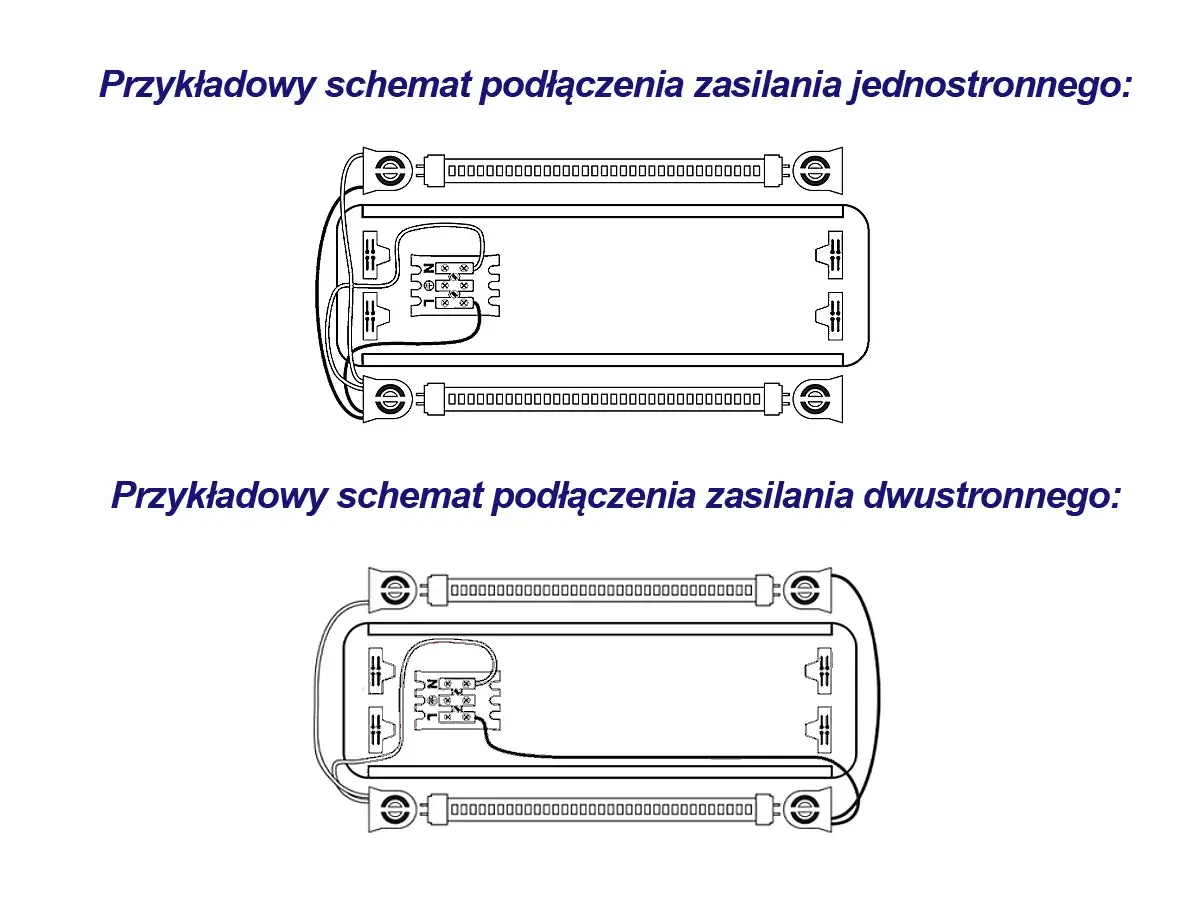 Schemat podłączenia zasilania jednostronnego i dwustronnego świetlówki.