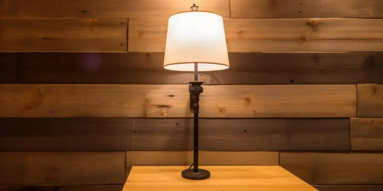 Stojąca lampa z abażurem na drewnianym stoliku, tło z desek. Potrzebna naprawa lamp stojących?