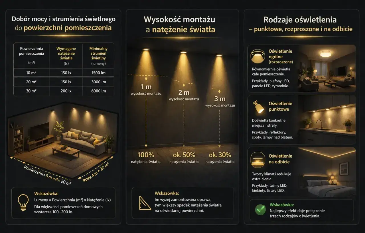 Wykres pokazuje zależność natężenia światła od wysokości montażu opraw. Im wyżej, tym mniejsze natężenie światła.