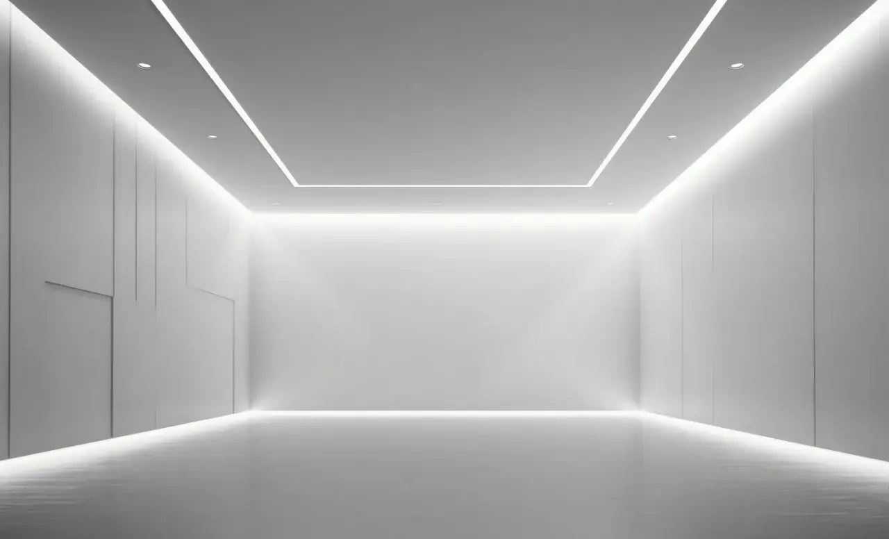 Nowoczesny, minimalistyczny pokój z ukrytym montażem oświetlenia LED, tworzącym efektowną grę światła i cienia.