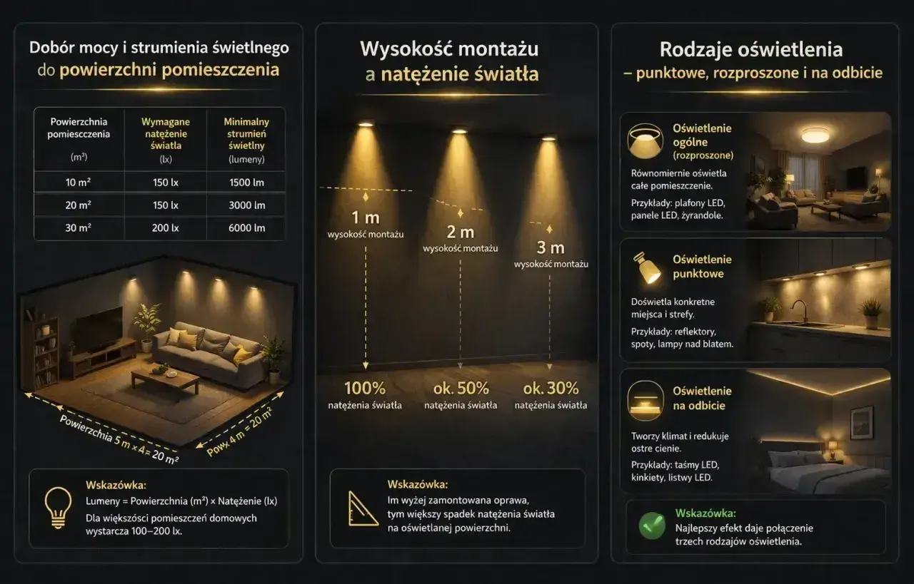 Wykres porównuje moc i jednostkę strumienia świetlnego dla różnych powierzchni, wysokość montażu lamp i rodzaje oświetlenia.