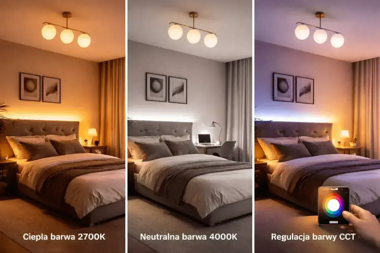 Sypialnia z różnymi odcieniami światła: ciepłym 2700K, neutralnym 4000K i kolorowym CCT. Jaki kolor LED do spania wybierzesz?