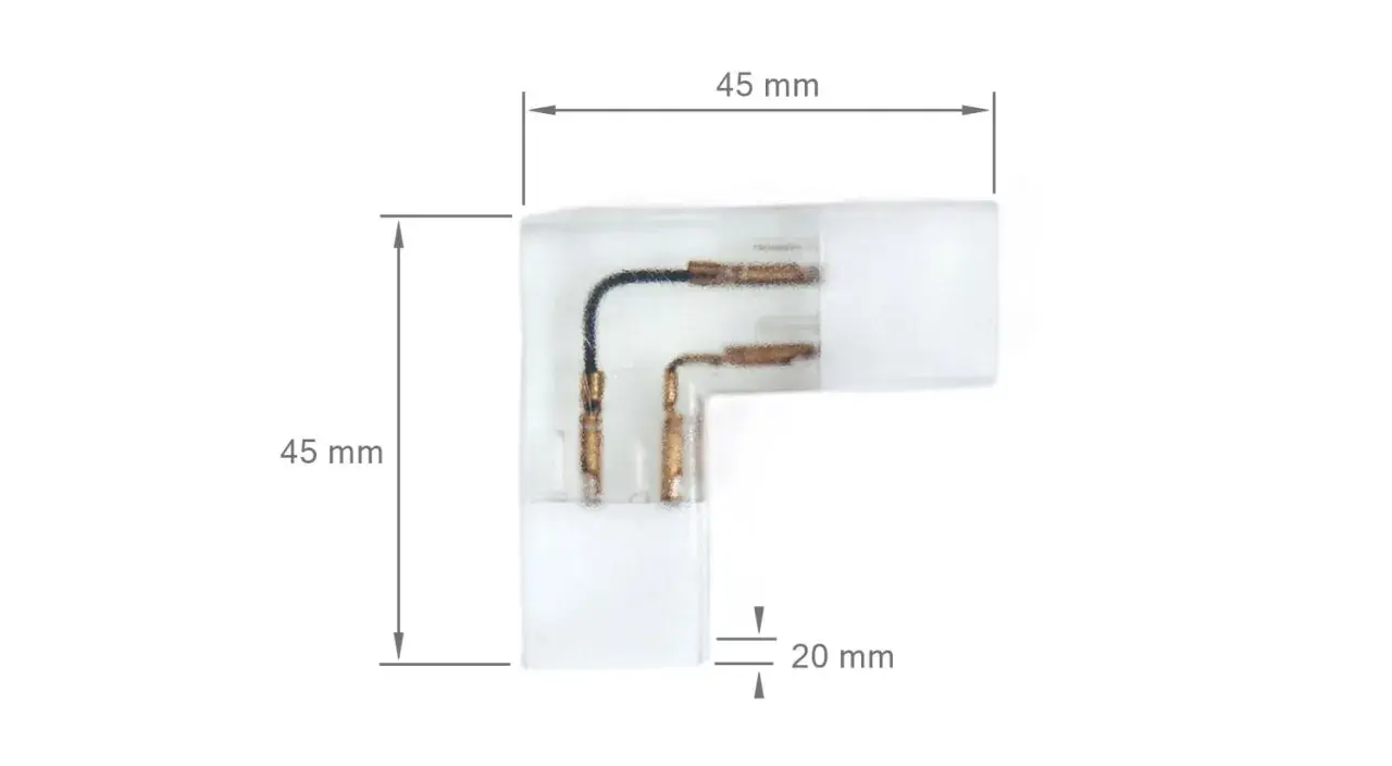 Złącze narożne do taśmy LED, umożliwiające łatwe łączenie taśmy led pod kątem 90 stopni. Wymiary 45x45x20 mm.
