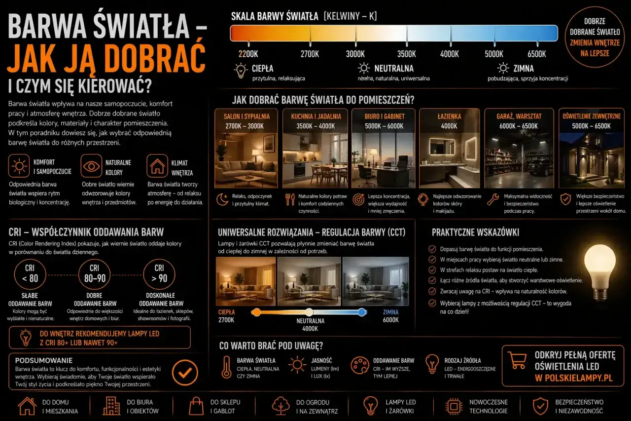 Skala barwy światła: od ciepłej (2200K) do zimnej (6500K). Dobierz jednostkę strumienia świetlnego do pomieszczenia.