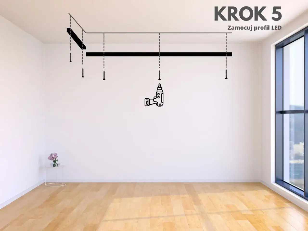 Krok 5: montaż profilu LED przy suficie. Wiertarka i śruby wskazują, jak zamocować listwę.