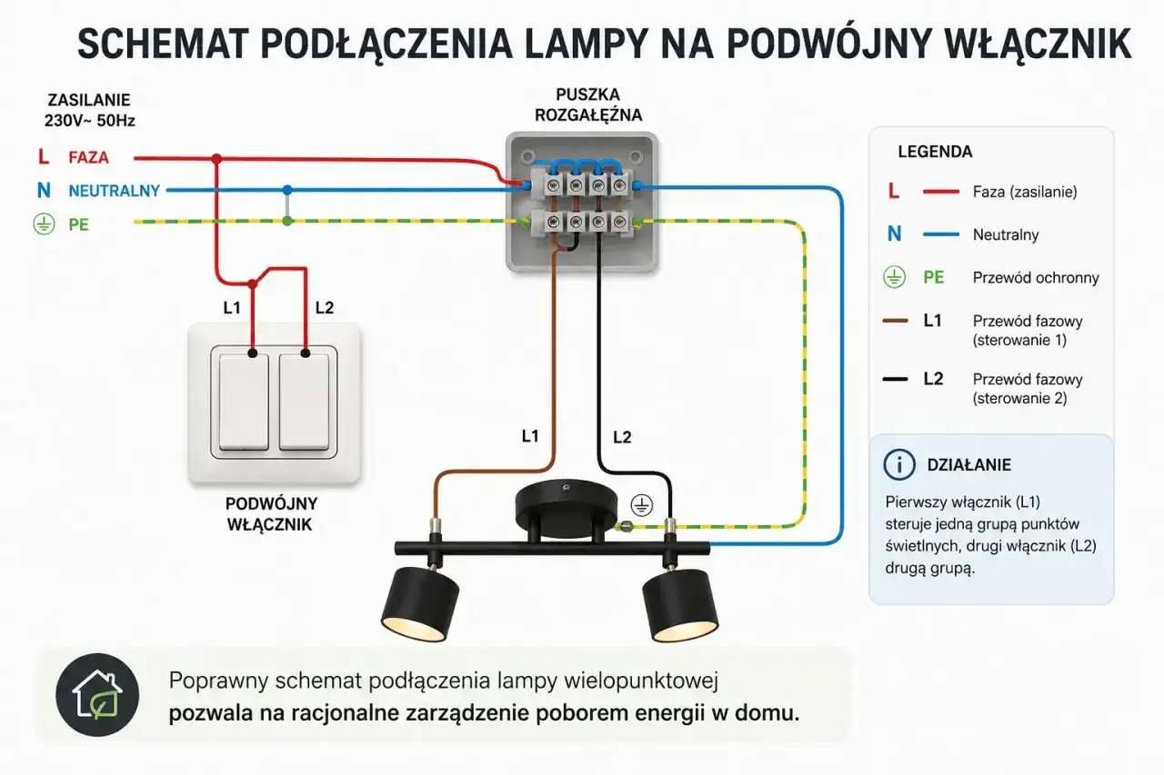 Schemat podłączenia lampy na podwójny włącznik. Pokazuje jak podłączyć lampę, fazę, neutralny i przewód ochronny.