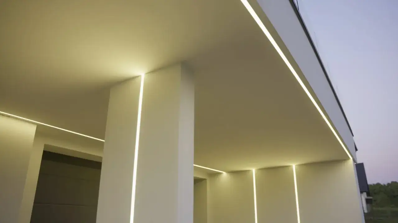 Nowoczesna architektura z subtelnym oświetleniem. Widoczny profil led z siatką tworzy eleganckie linie świetlne na elewacji i suficie.